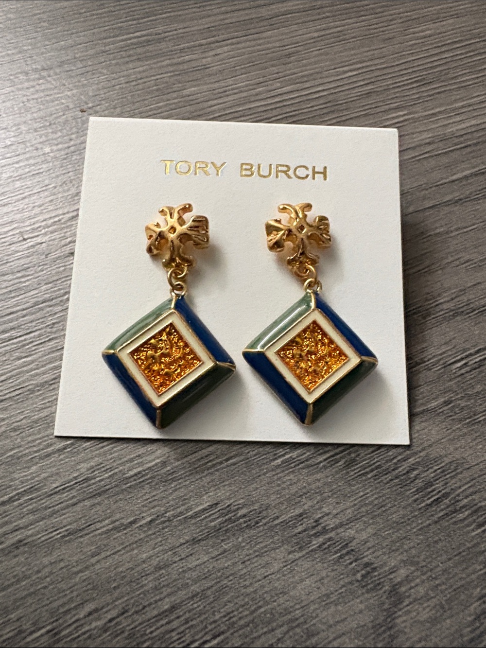 Tory Burch Gold, Blue & Green Square Drop Earrings